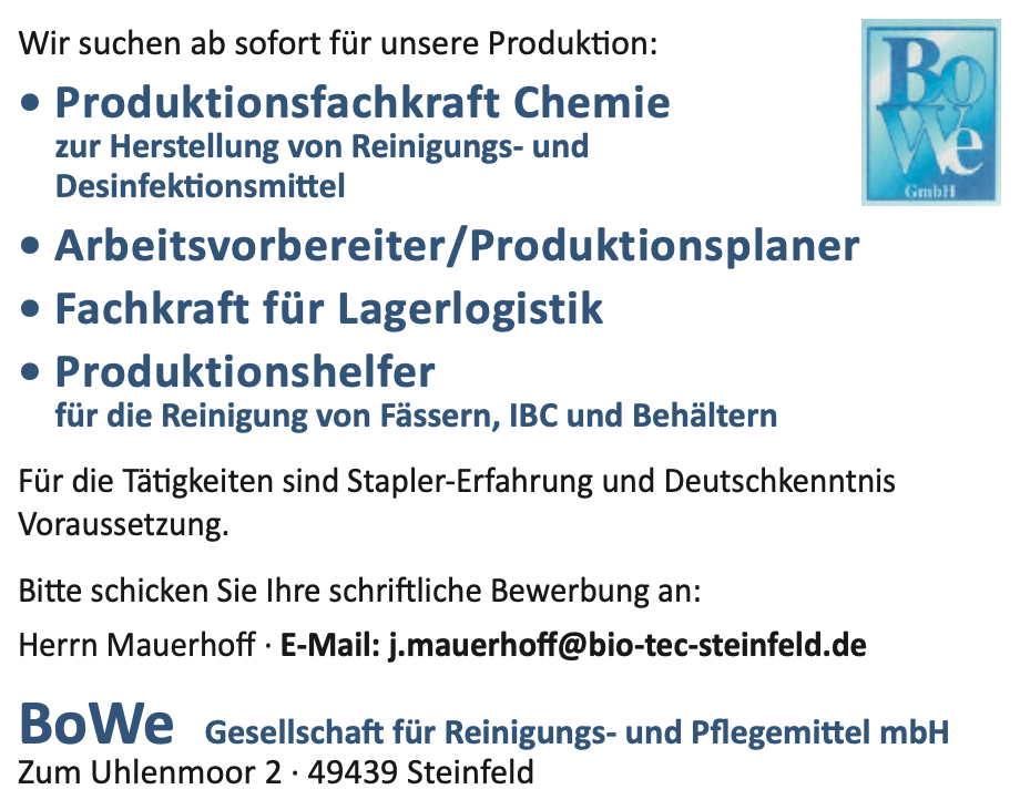 Offene Stellen bei Bio Tec Steinfeld - Auflistung